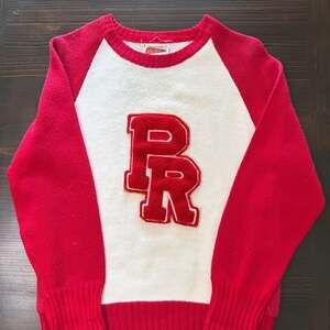 Vintage Red White Varsity Letterman 1970s Class Sweater with 'PR' School Patch